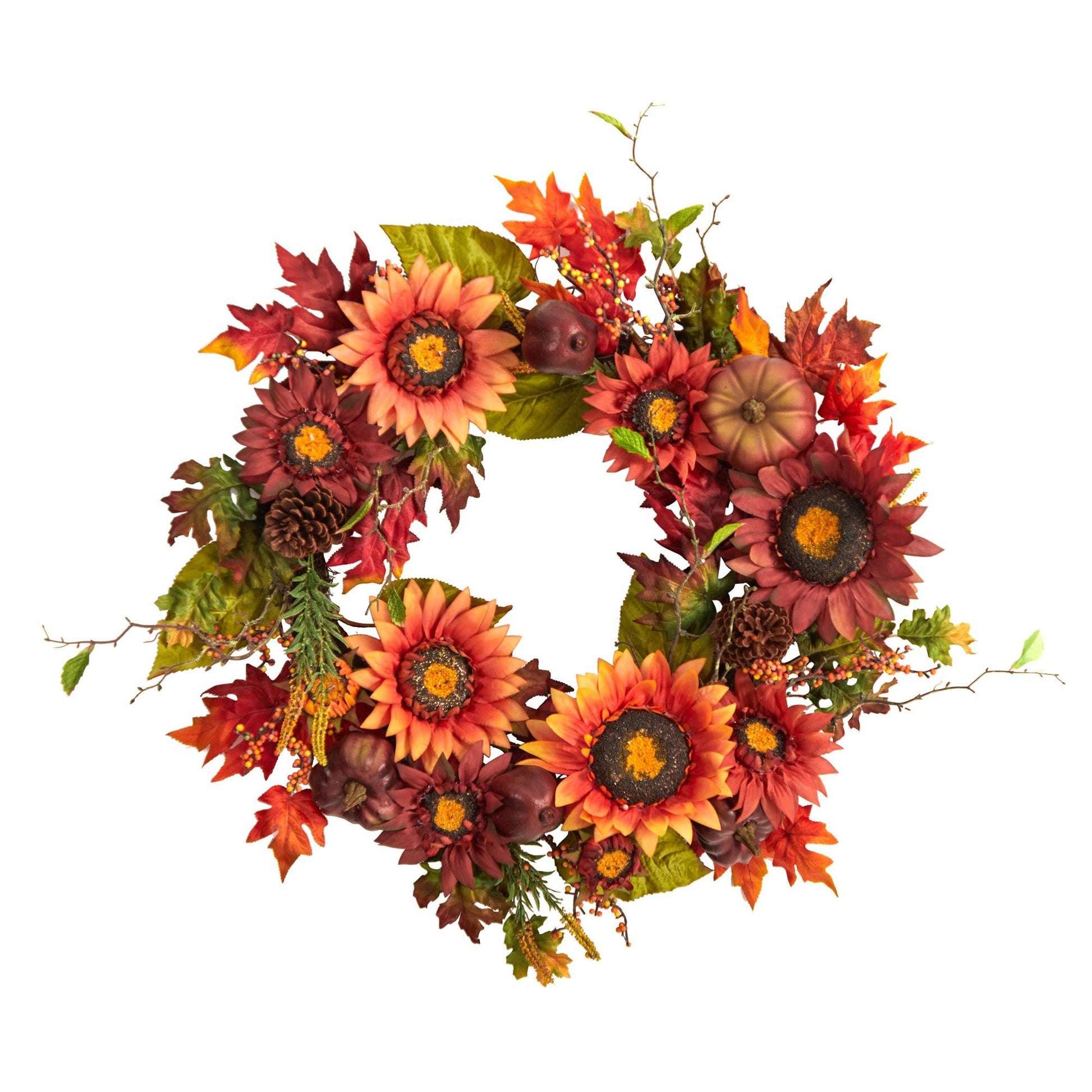 24” Autumn Sunflower, Pumpkin, Pinecone and Berries Fall Artificial Wreat - Tampa Home & Garden Store