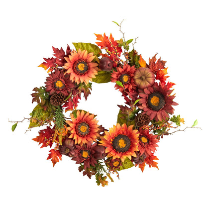 24” Autumn Sunflower, Pumpkin, Pinecone and Berries Fall Artificial Wreat - Tampa Home & Garden Store