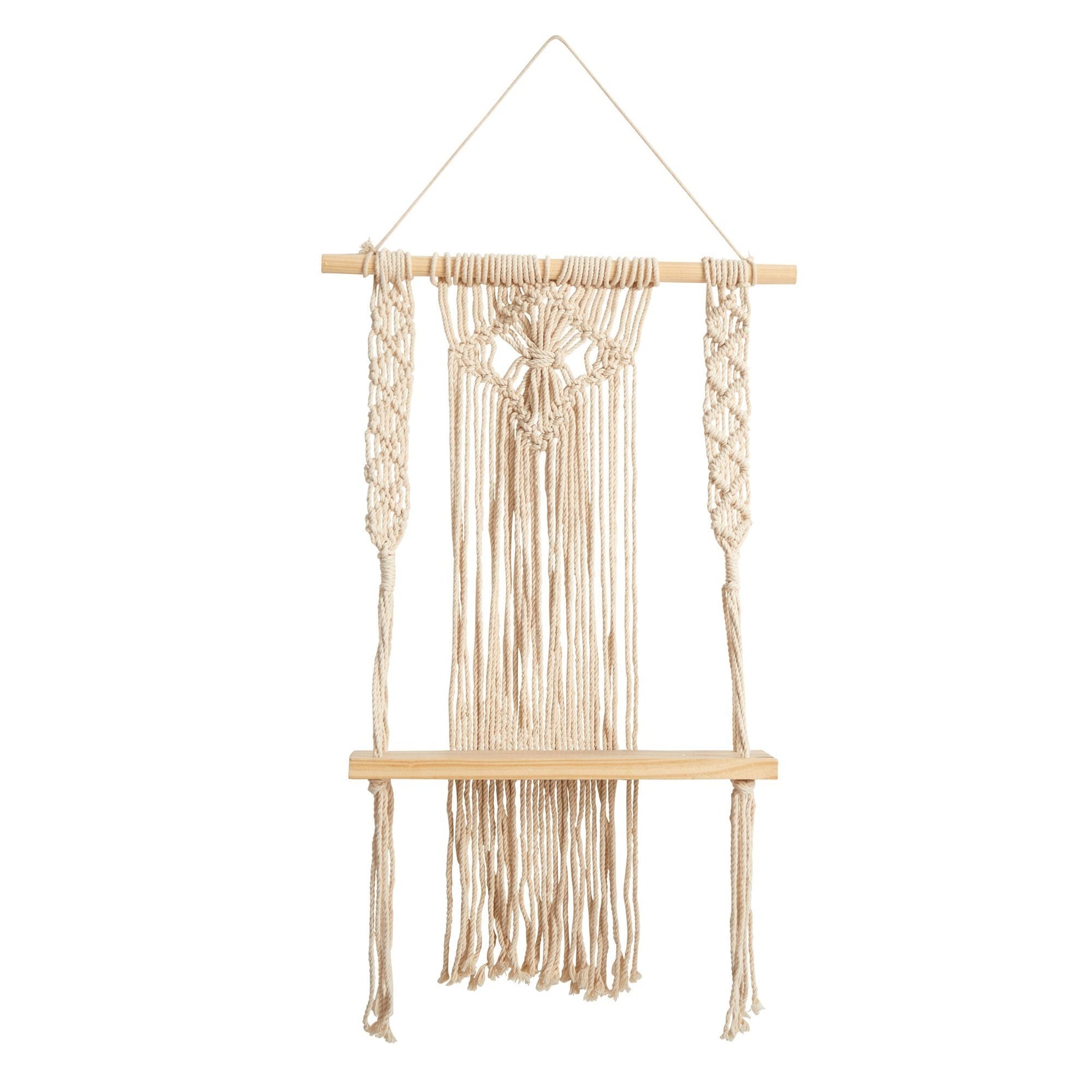 24" Boho Chic Wood Macrame Single Shelf Woven Diamond Wall Art Décor" - Tampa Home & Garden Store