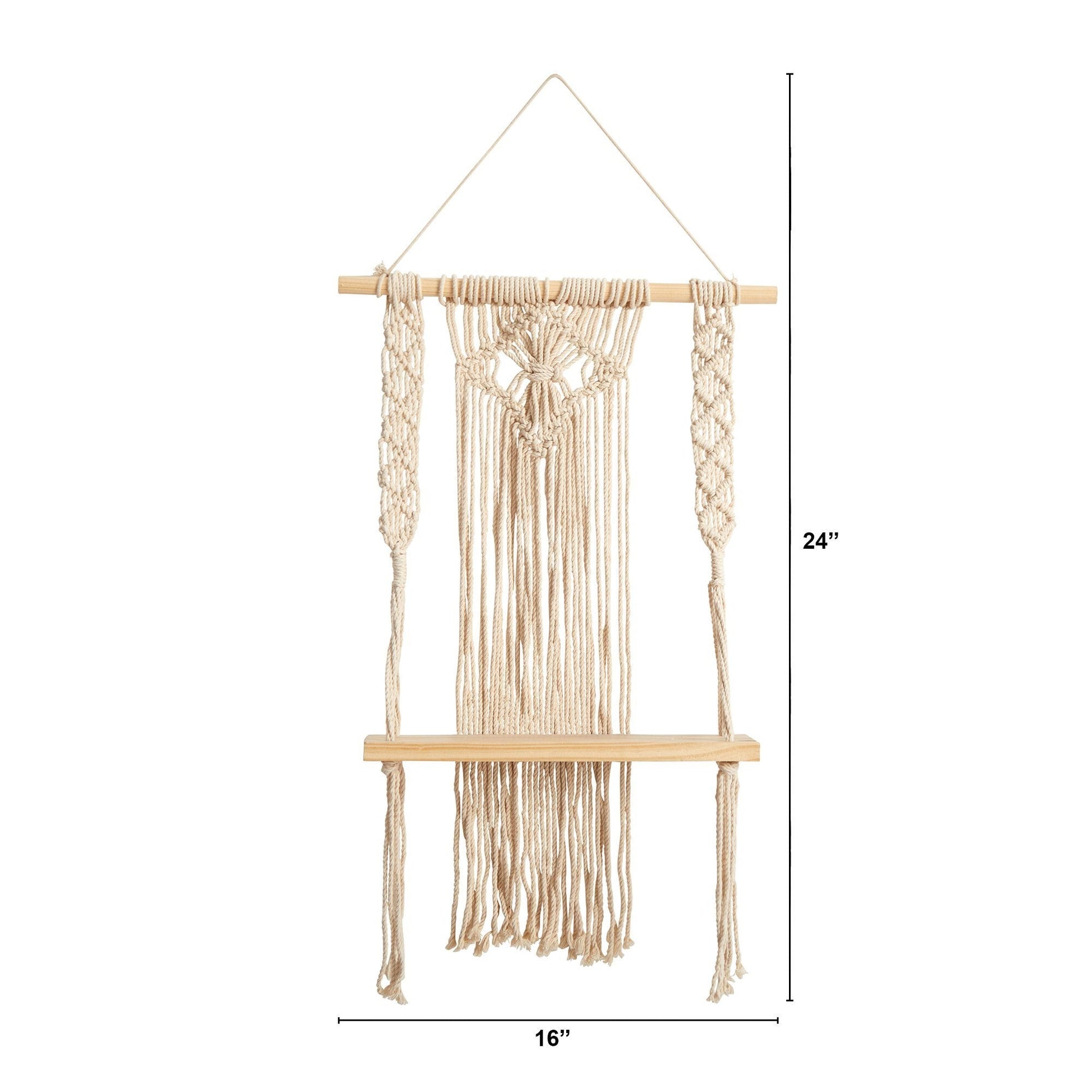 24" Boho Chic Wood Macrame Single Shelf Woven Diamond Wall Art Décor" - Tampa Home & Garden Store