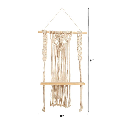 24" Boho Chic Wood Macrame Single Shelf Woven Diamond Wall Art Décor" - Tampa Home & Garden Store