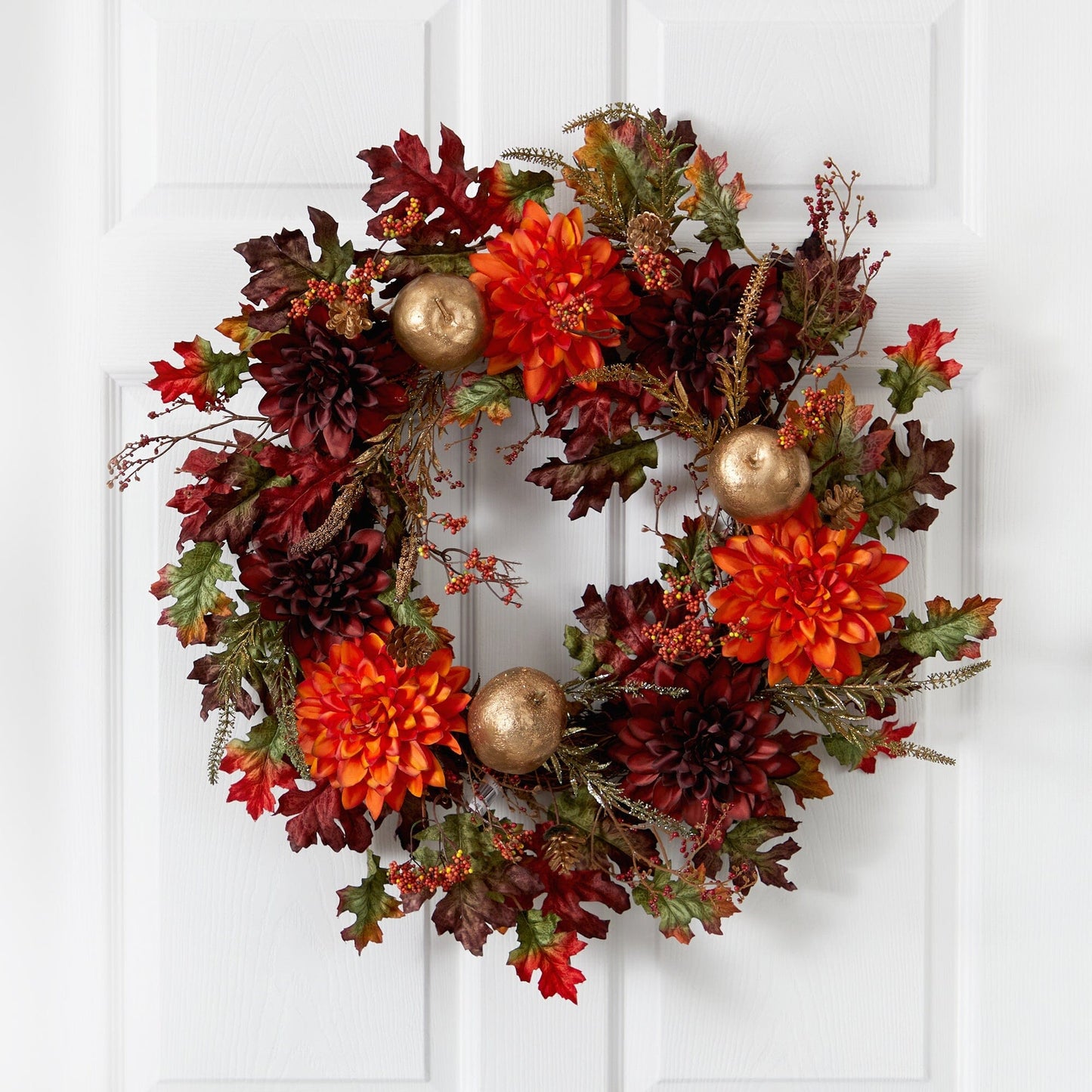 24” Fall Dahlia, Golden Apple, Oak Leaf and Berries Autumn Artificial Wreath - Tampa Home & Garden Store