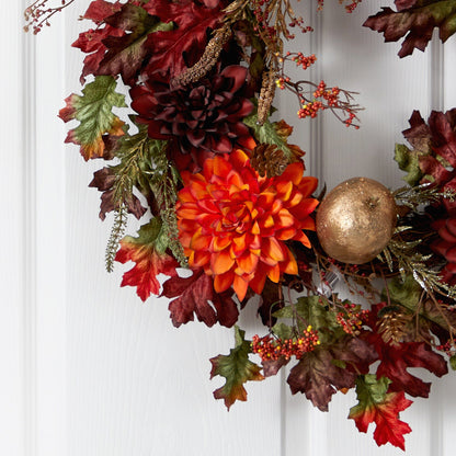 24” Fall Dahlia, Golden Apple, Oak Leaf and Berries Autumn Artificial Wreath - Tampa Home & Garden Store