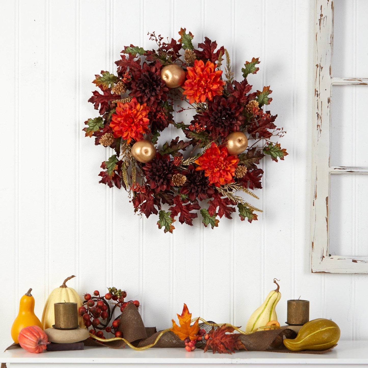 24” Fall Dahlia, Golden Apple, Oak Leaf and Berries Autumn Artificial Wreath - Tampa Home & Garden Store