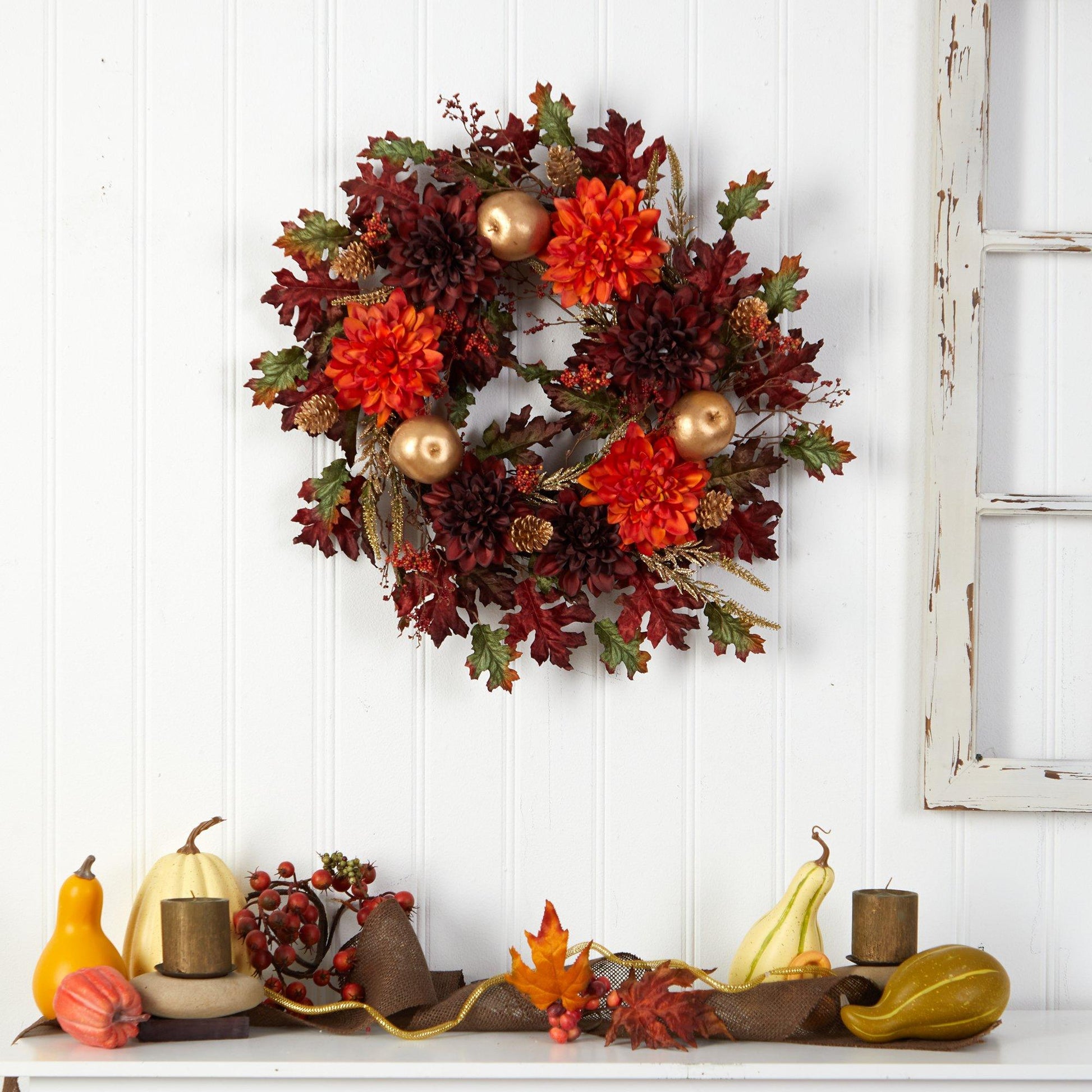 24” Fall Dahlia, Golden Apple, Oak Leaf and Berries Autumn Artificial Wreath - Tampa Home & Garden Store