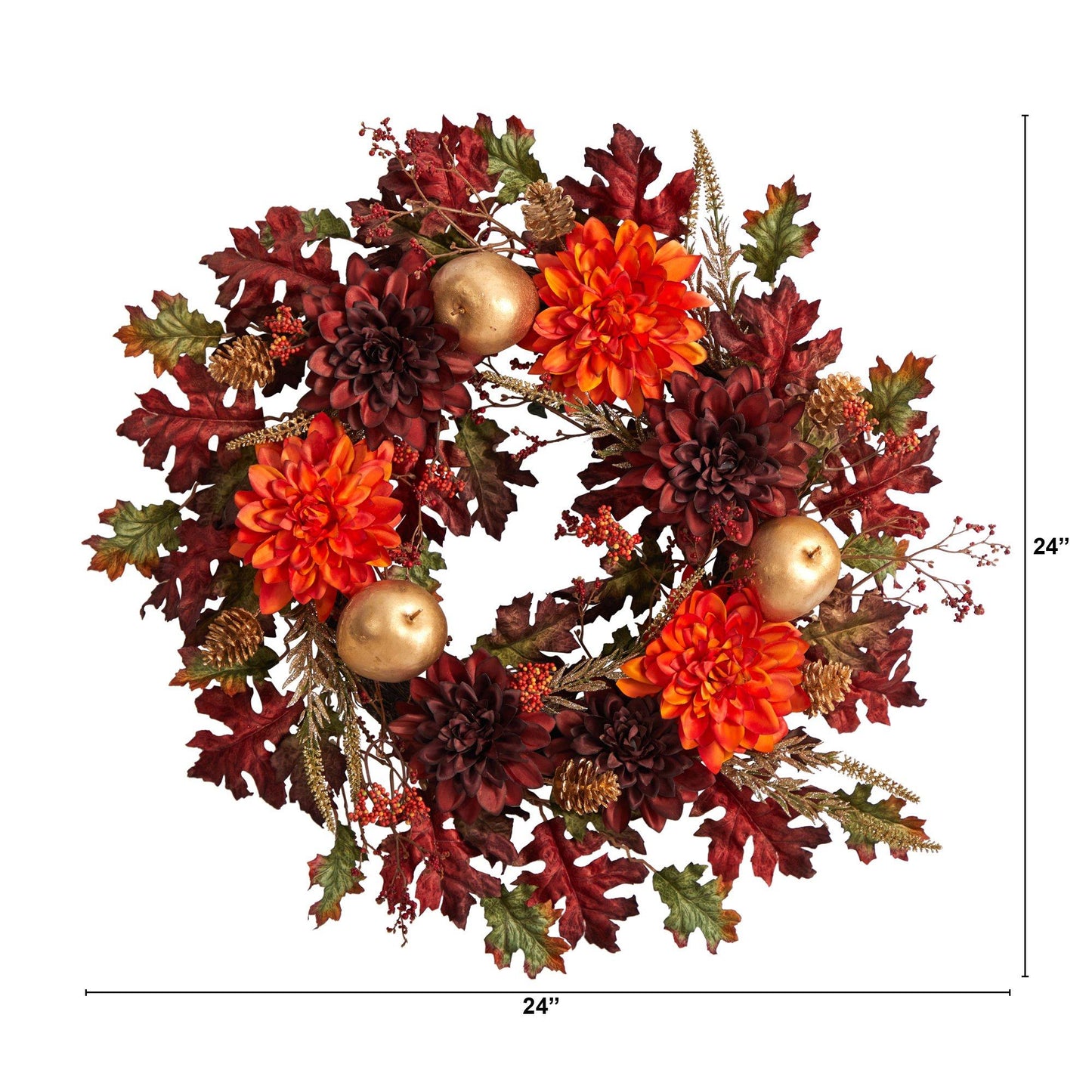 24” Fall Dahlia, Golden Apple, Oak Leaf and Berries Autumn Artificial Wreath - Tampa Home & Garden Store