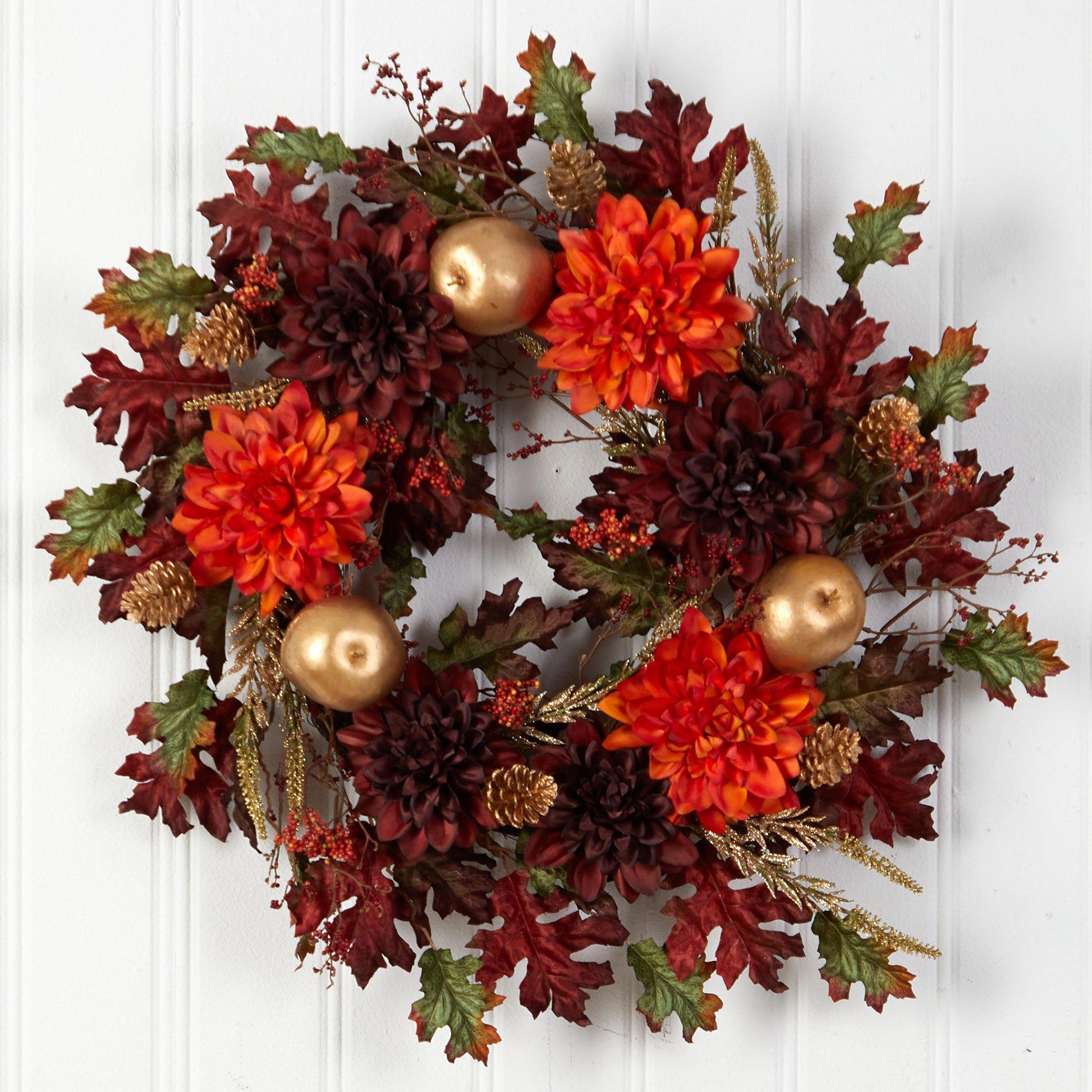 24” Fall Dahlia, Golden Apple, Oak Leaf and Berries Autumn Artificial Wreath - Tampa Home & Garden Store