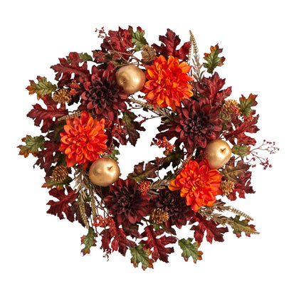 24” Fall Dahlia, Golden Apple, Oak Leaf and Berries Autumn Artificial Wreath - Tampa Home & Garden Store
