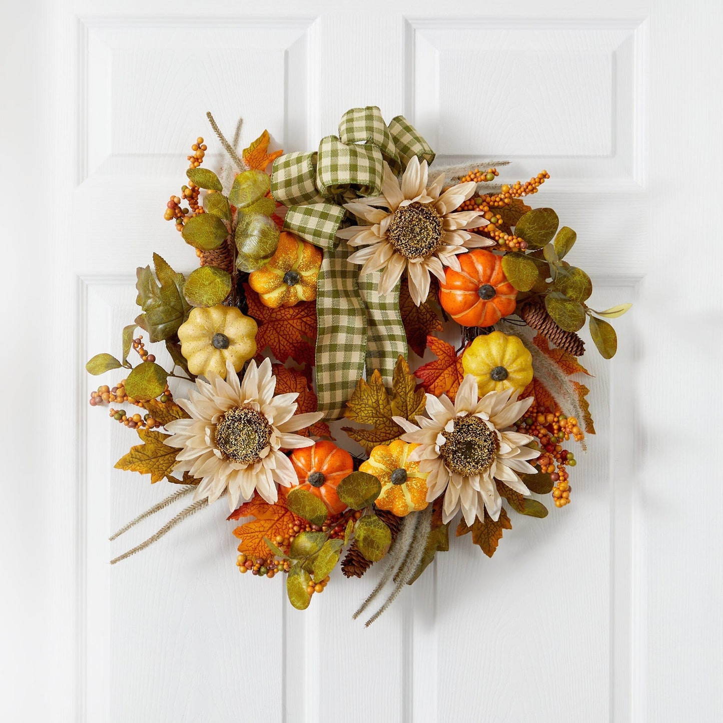 24” Fall Pumpkin, Sunflower Artificial Autumn Wreath with Decorative Ribbon - Tampa Home & Garden Store