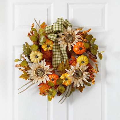 24” Fall Pumpkin, Sunflower Artificial Autumn Wreath with Decorative Ribbon - Tampa Home & Garden Store