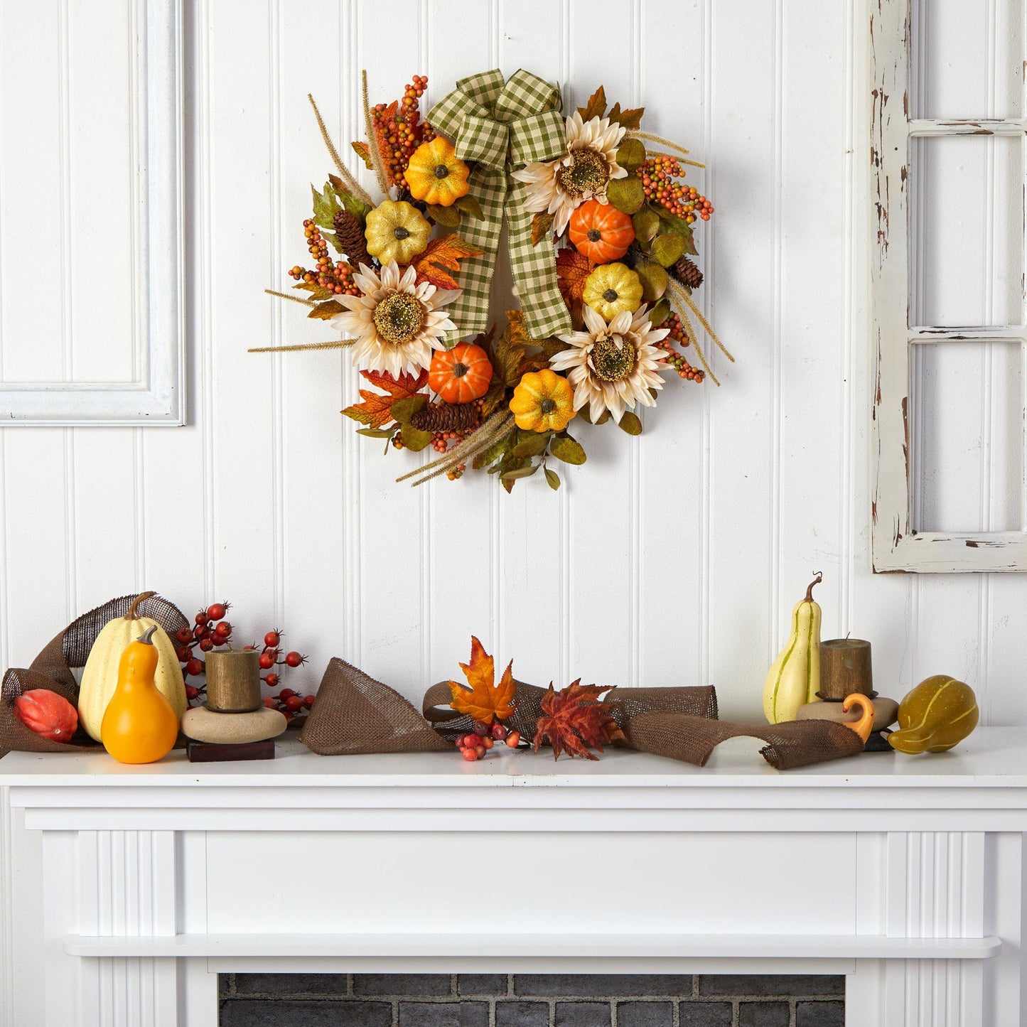 24” Fall Pumpkin, Sunflower Artificial Autumn Wreath with Decorative Ribbon - Tampa Home & Garden Store