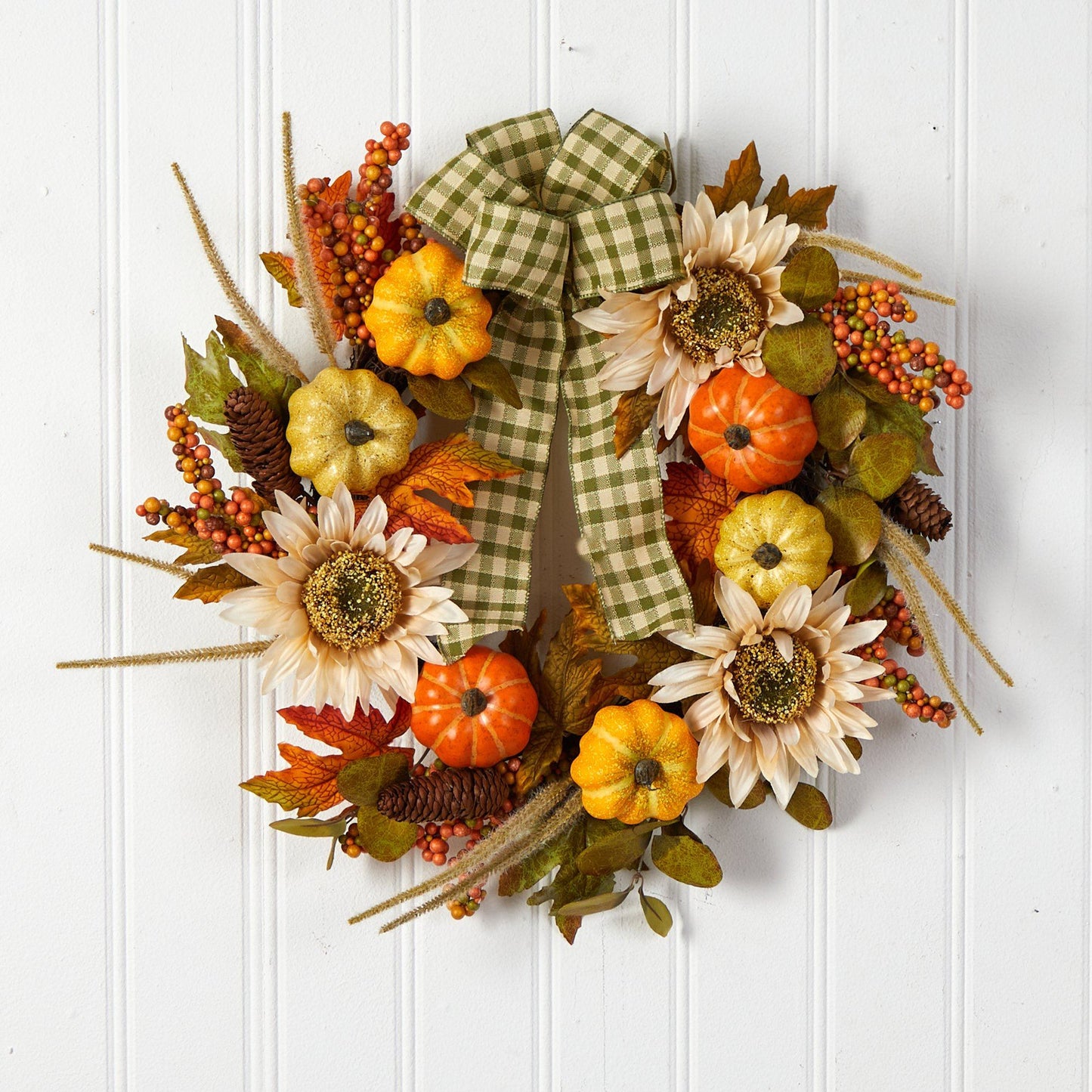 24” Fall Pumpkin, Sunflower Artificial Autumn Wreath with Decorative Ribbon - Tampa Home & Garden Store