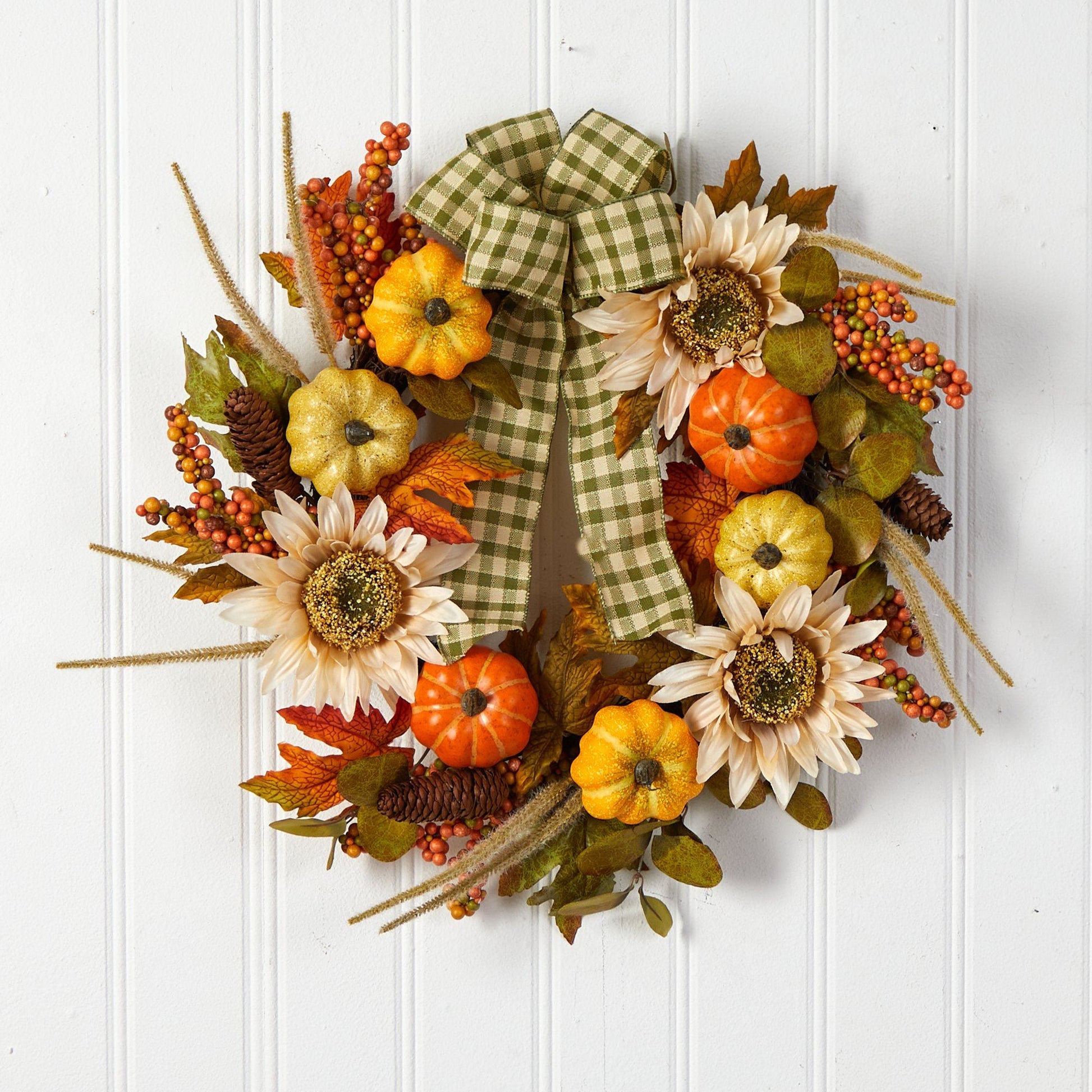 24” Fall Pumpkin, Sunflower Artificial Autumn Wreath with Decorative Ribbon - Tampa Home & Garden Store