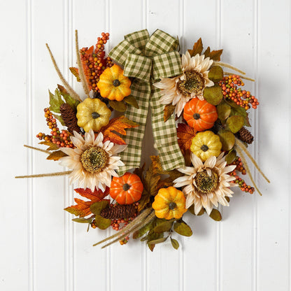 24” Fall Pumpkin, Sunflower Artificial Autumn Wreath with Decorative Ribbon - Tampa Home & Garden Store