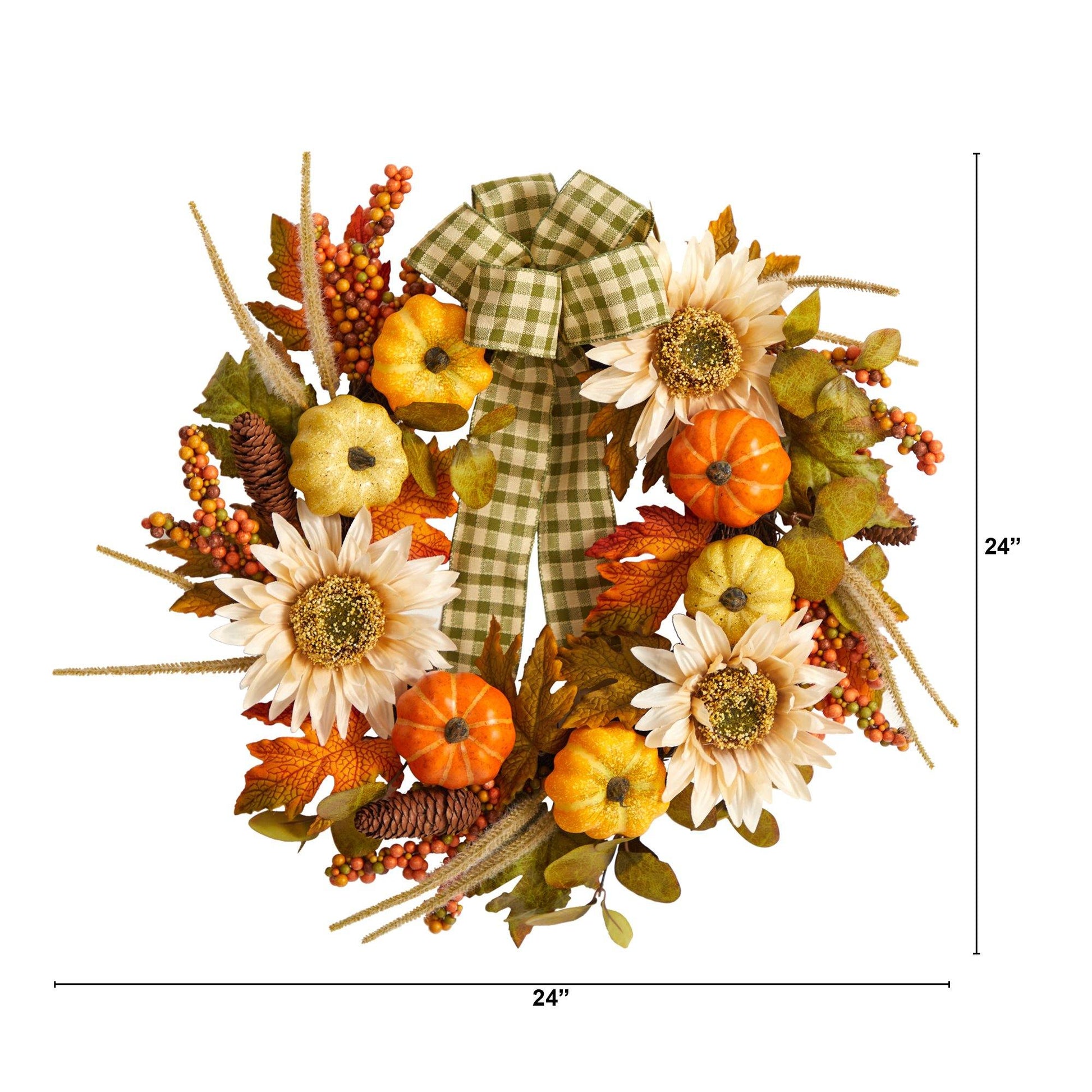 24” Fall Pumpkin, Sunflower Artificial Autumn Wreath with Decorative Ribbon - Tampa Home & Garden Store