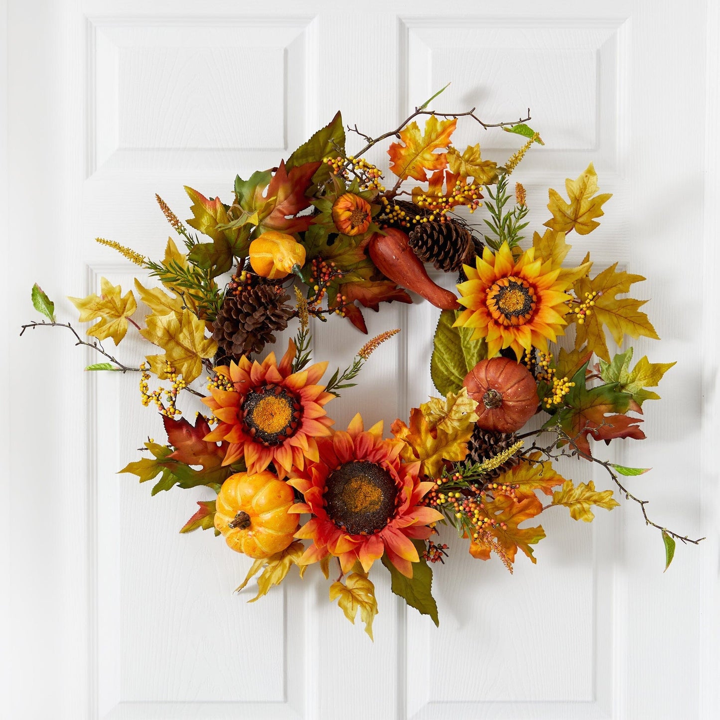 24” Fall Sunflower, Pumpkin, Gourds, Pinecone and Berries Autumn Artificial Wreath - Tampa Home & Garden Store