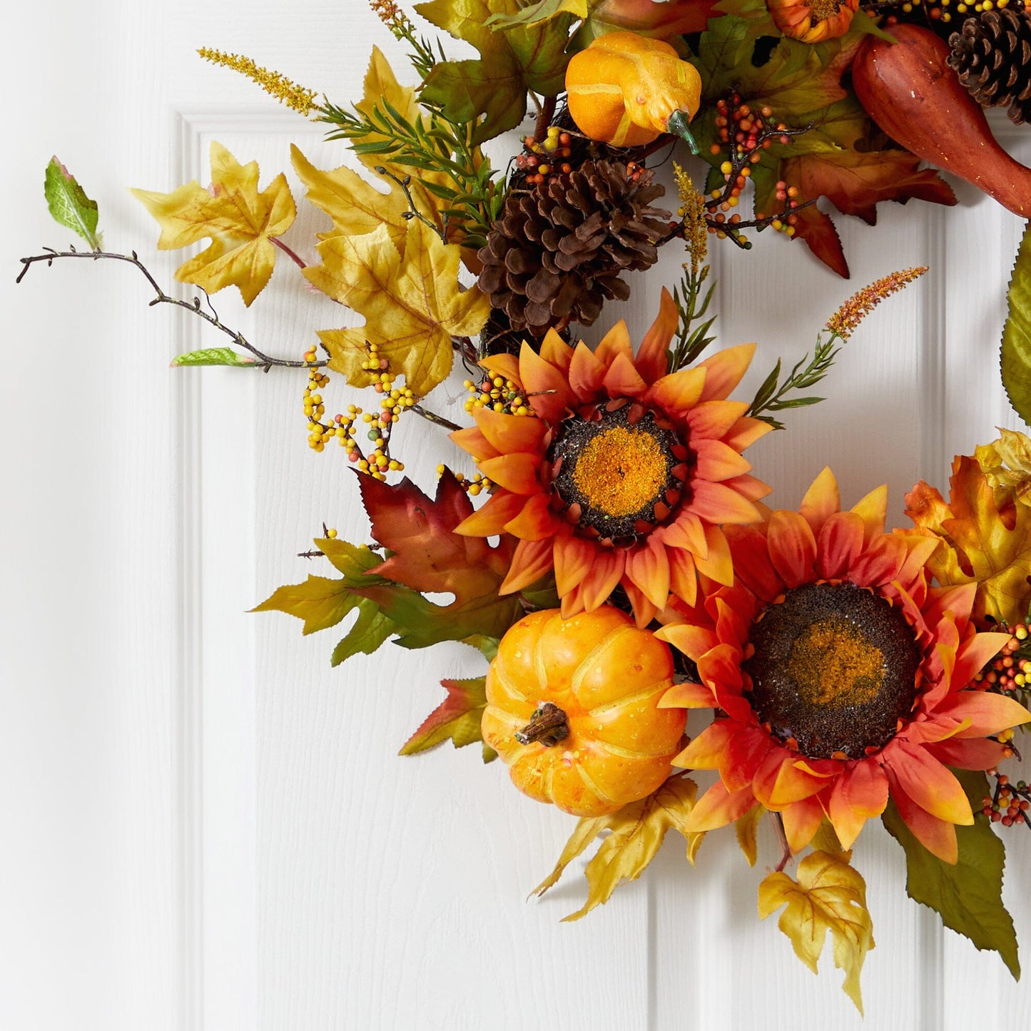 24” Fall Sunflower, Pumpkin, Gourds, Pinecone and Berries Autumn Artificial Wreath - Tampa Home & Garden Store