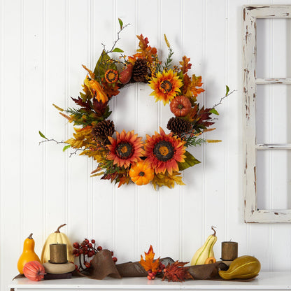 24” Fall Sunflower, Pumpkin, Gourds, Pinecone and Berries Autumn Artificial Wreath - Tampa Home & Garden Store