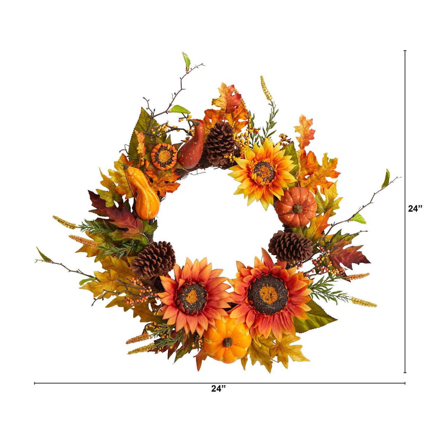 24” Fall Sunflower, Pumpkin, Gourds, Pinecone and Berries Autumn Artificial Wreath - Tampa Home & Garden Store