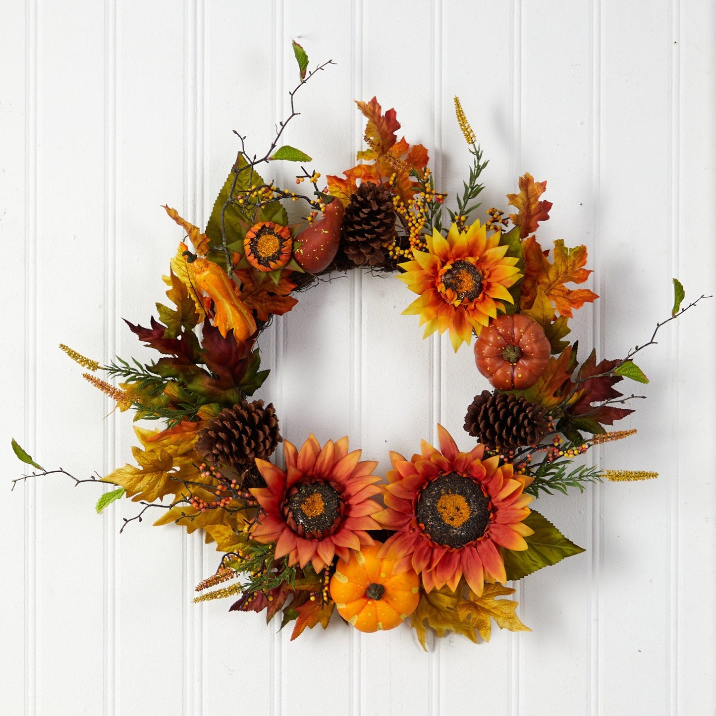 24” Fall Sunflower, Pumpkin, Gourds, Pinecone and Berries Autumn Artificial Wreath - Tampa Home & Garden Store