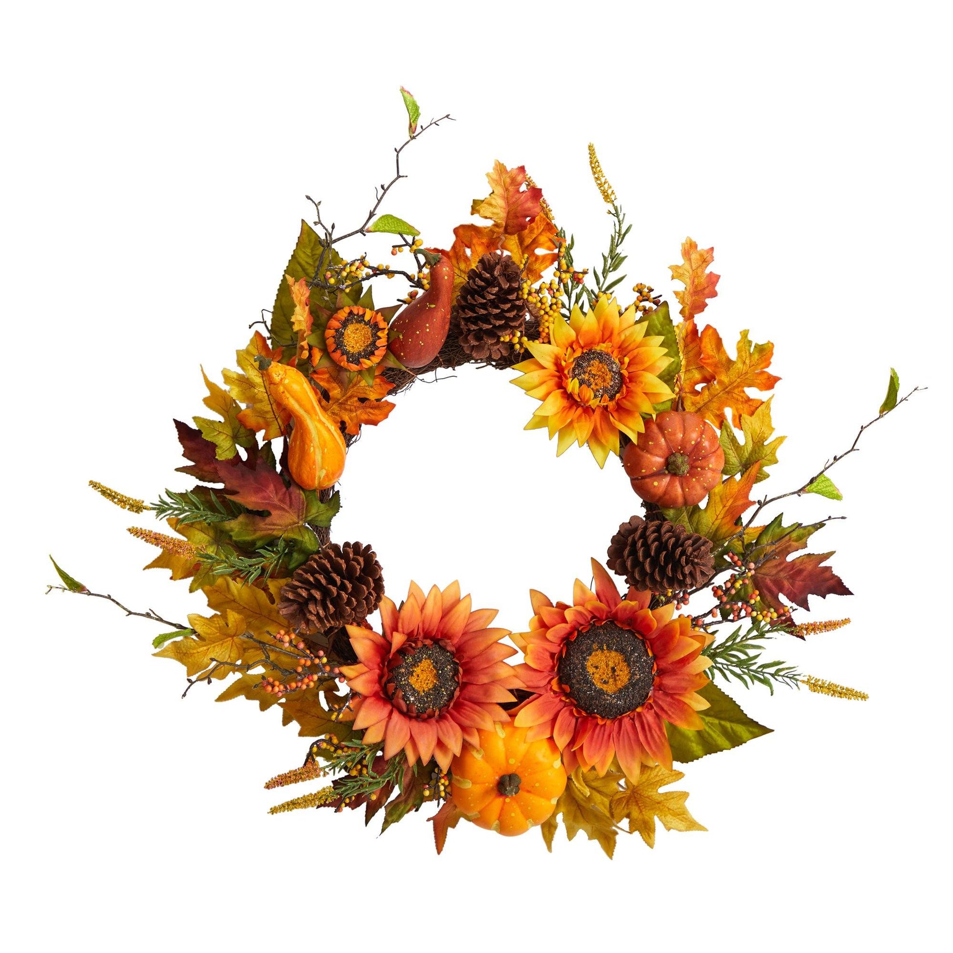24” Fall Sunflower, Pumpkin, Gourds, Pinecone and Berries Autumn Artificial Wreath - Tampa Home & Garden Store