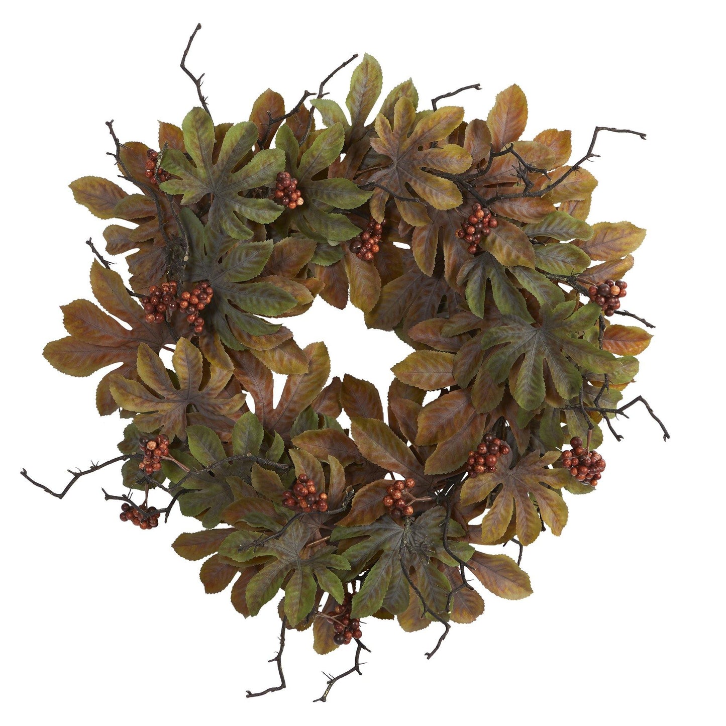 24” Fatsia with Berries Autumn Artificial Wreath - Tampa Home & Garden Store