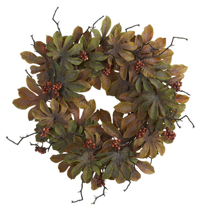 24” Fatsia with Berries Autumn Artificial Wreath - Tampa Home & Garden Store
