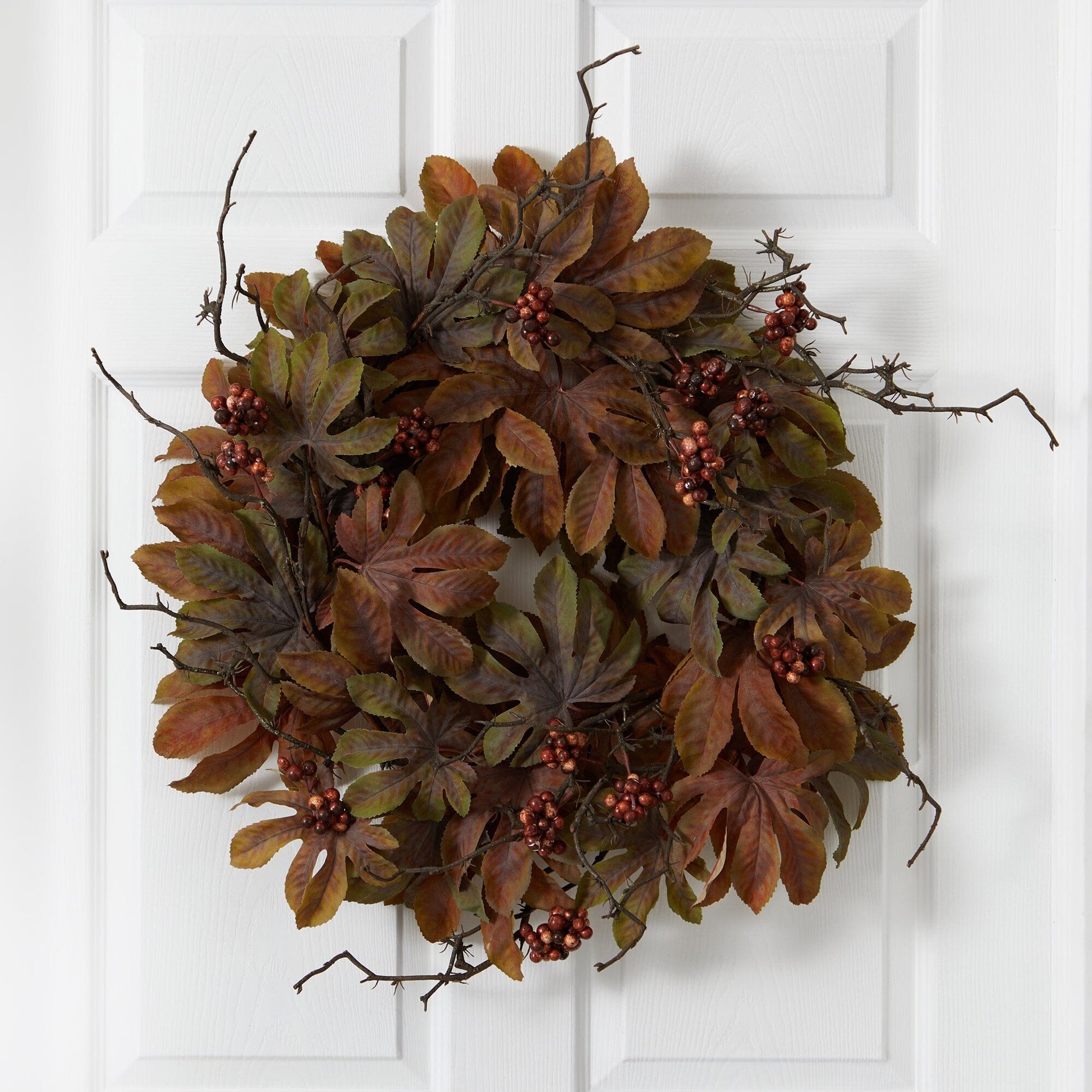 24” Fatsia with Berries Autumn Artificial Wreath - Tampa Home & Garden Store