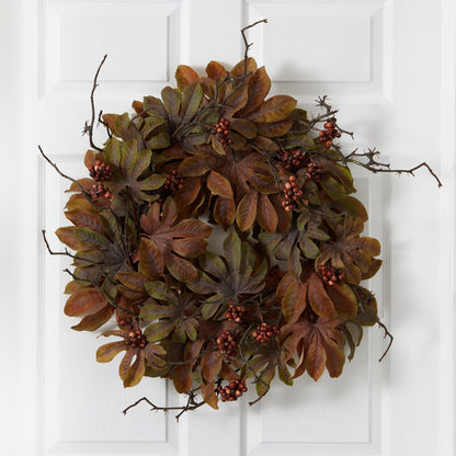 24” Fatsia with Berries Autumn Artificial Wreath - Tampa Home & Garden Store