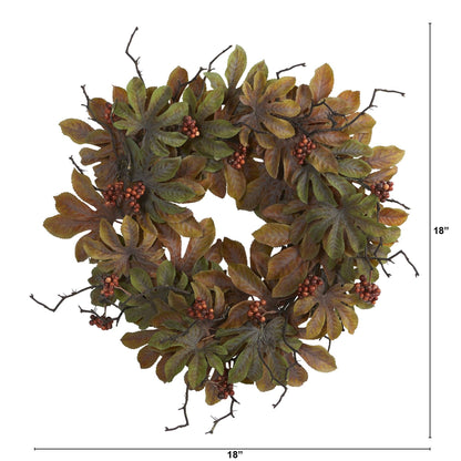 24” Fatsia with Berries Autumn Artificial Wreath - Tampa Home & Garden Store