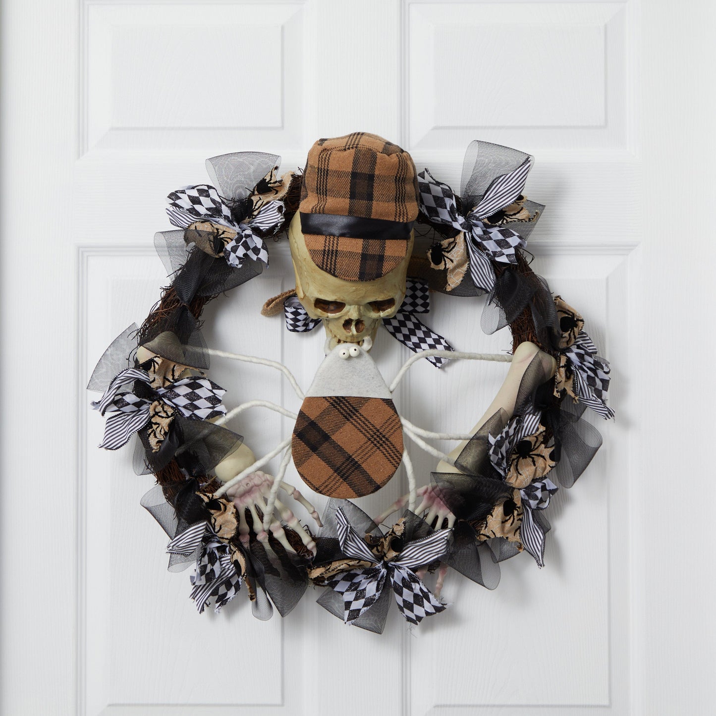 24” Halloween Skull in Plaid Mesh Wreath - Tampa Home & Garden Store