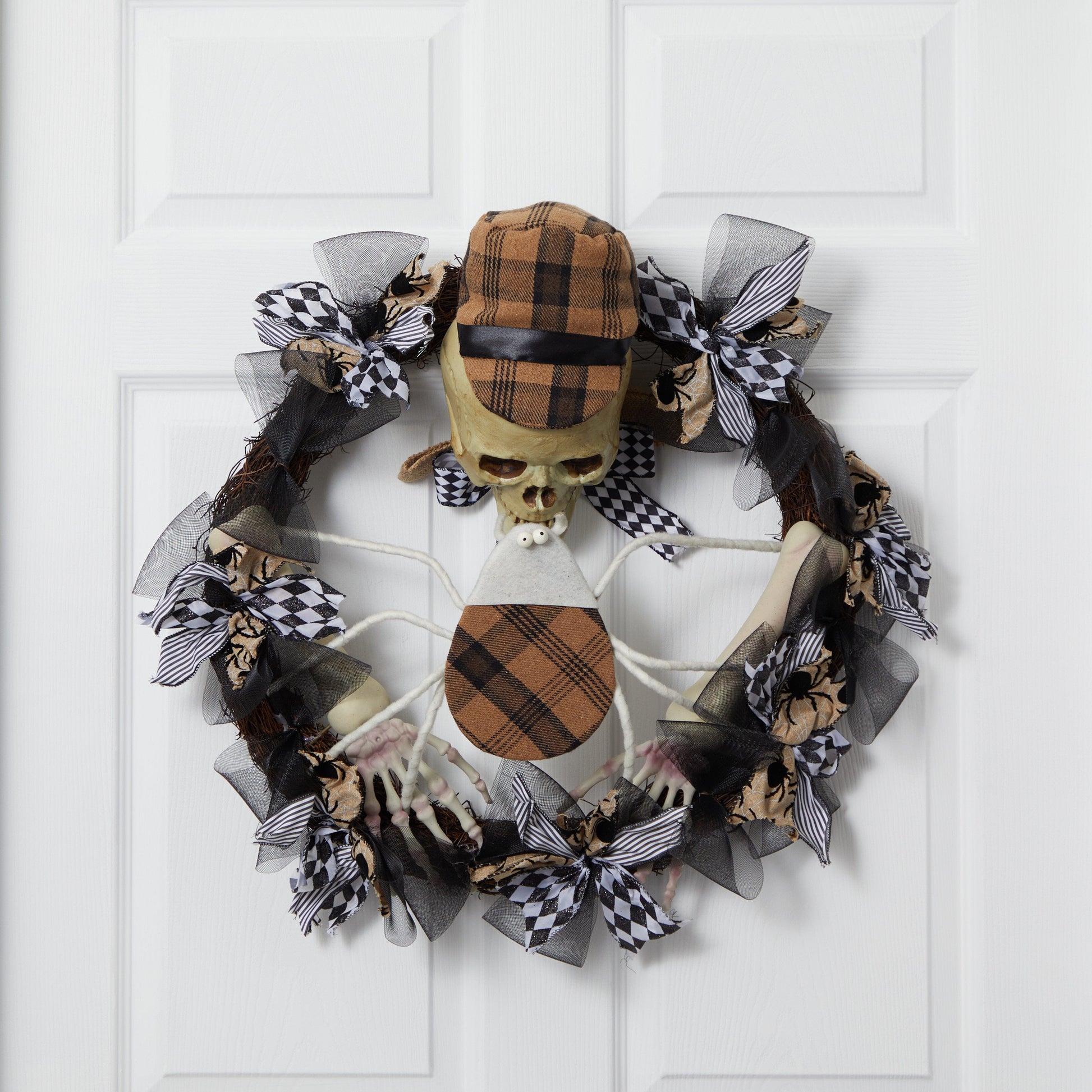 24” Halloween Skull in Plaid Mesh Wreath - Tampa Home & Garden Store