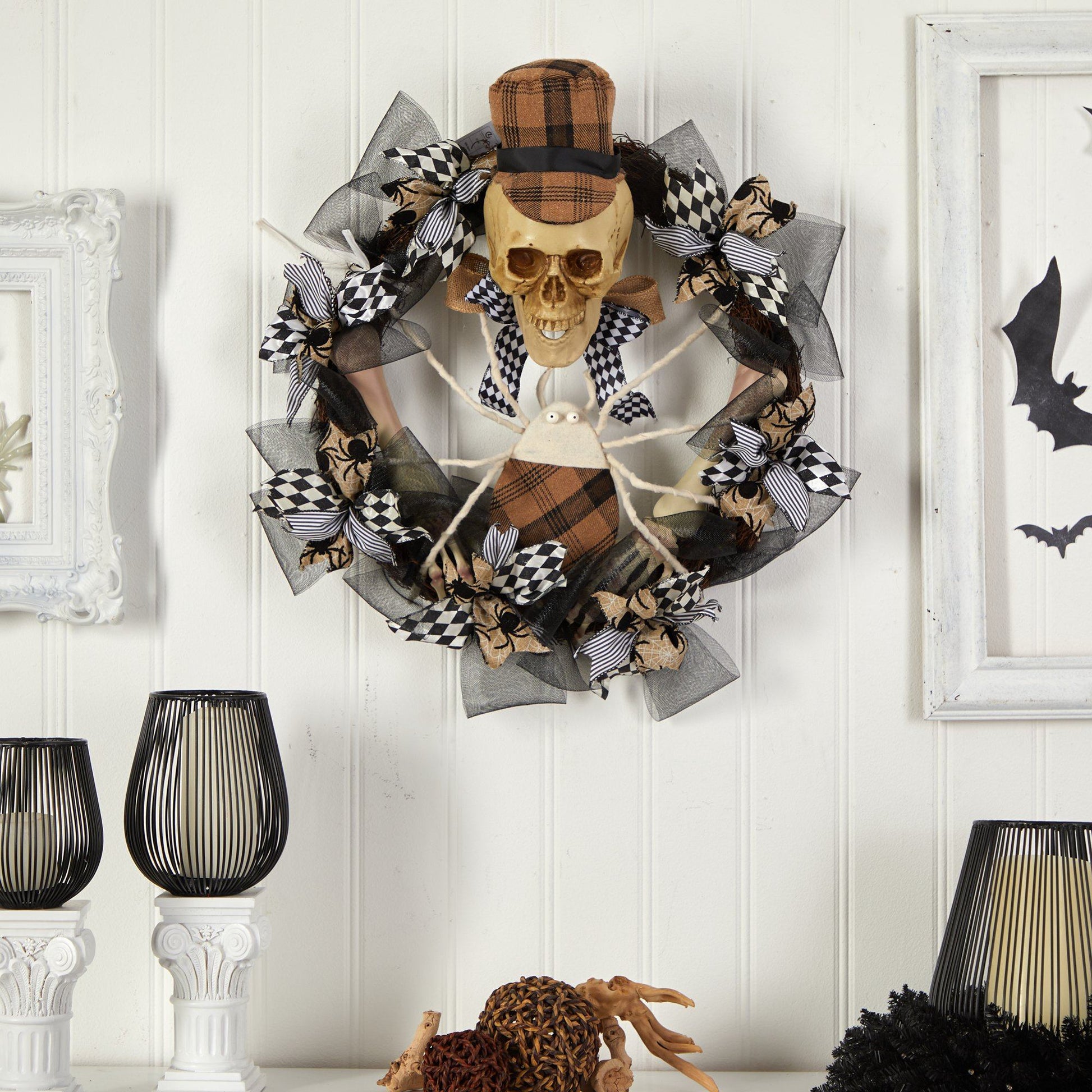 24” Halloween Skull in Plaid Mesh Wreath - Tampa Home & Garden Store