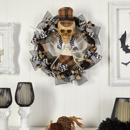 24” Halloween Skull in Plaid Mesh Wreath - Tampa Home & Garden Store