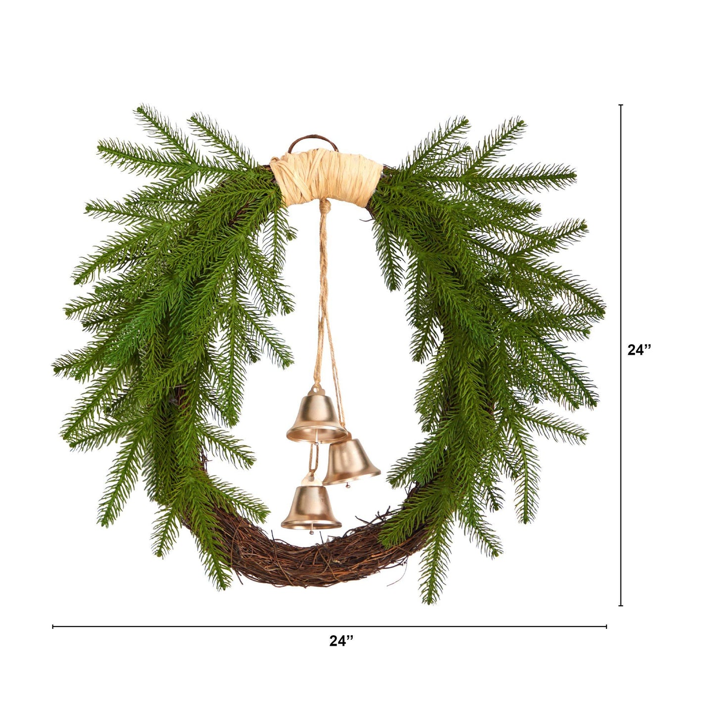 24” Holiday Christmas Pine and Bells Wreath - Tampa Home & Garden Store