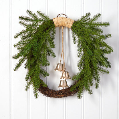 24” Holiday Christmas Pine and Bells Wreath - Tampa Home & Garden Store