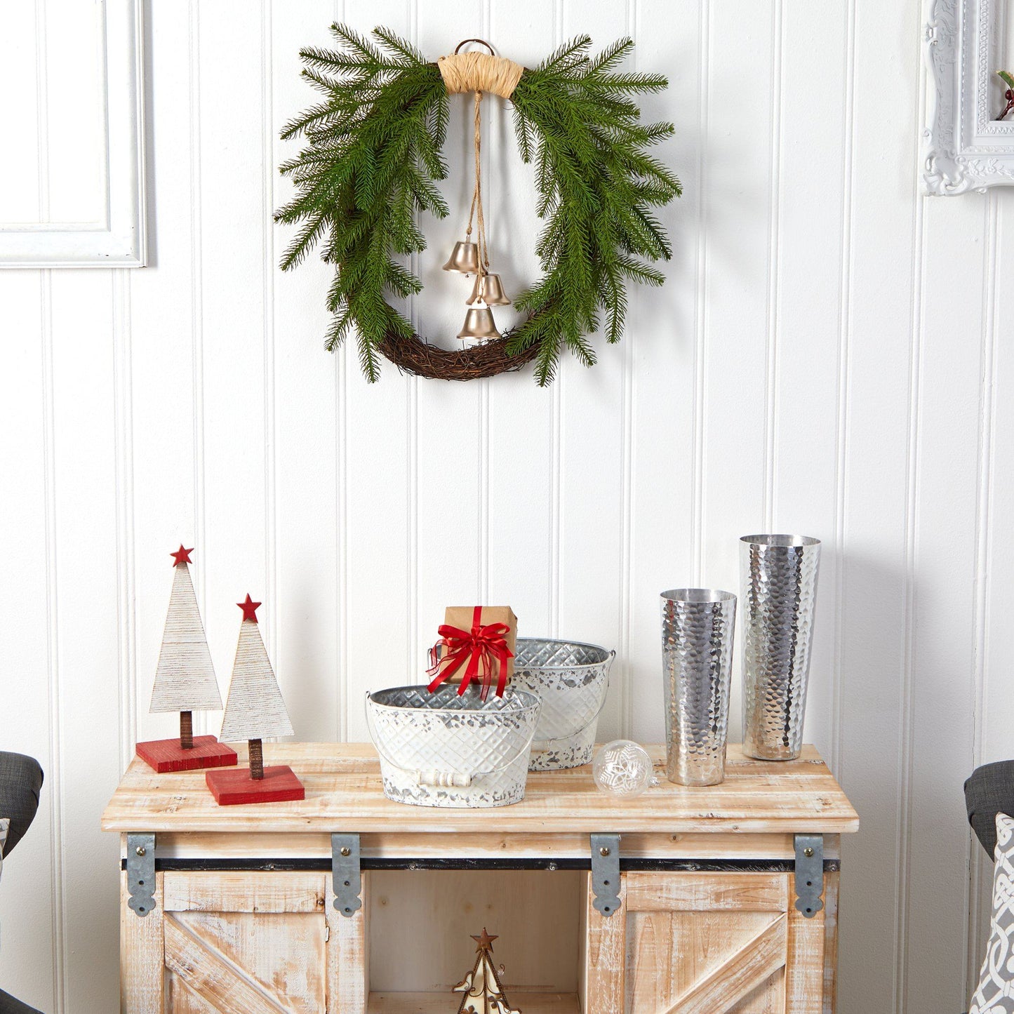 24” Holiday Christmas Pine and Bells Wreath - Tampa Home & Garden Store