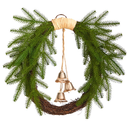 24” Holiday Christmas Pine and Bells Wreath - Tampa Home & Garden Store