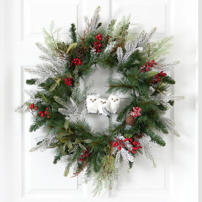24” Holiday Winter Owl Family Pinecone Berry Christmas Artificial Wreath - Tampa Home & Garden Store