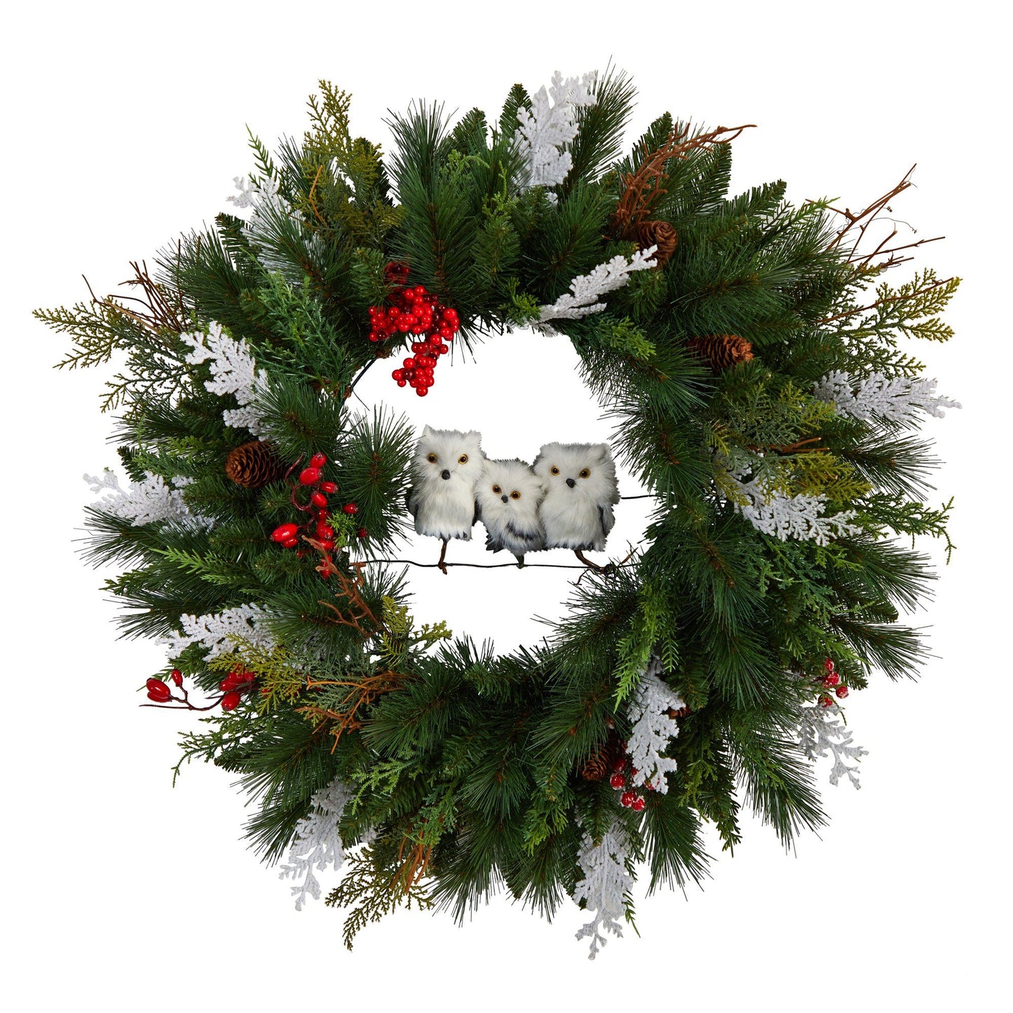24” Holiday Winter Owl Family Pinecone Berry Christmas Artificial Wreath - Tampa Home & Garden Store