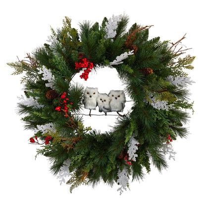 24” Holiday Winter Owl Family Pinecone Berry Christmas Artificial Wreath - Tampa Home & Garden Store