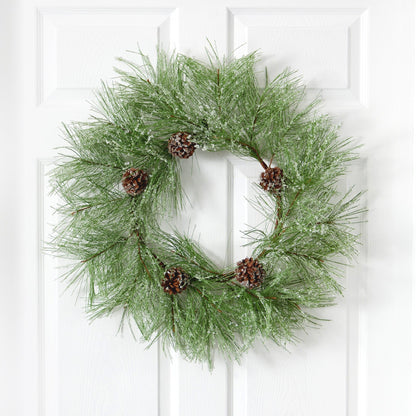 24” Iced Pine Artificial Wreath with Pine Cones - Tampa Home & Garden Store