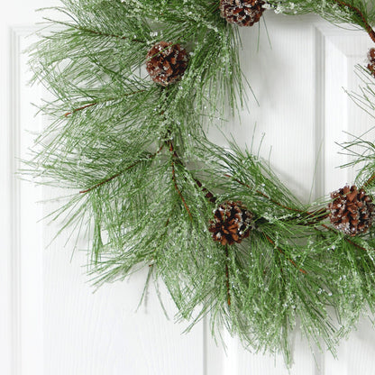 24” Iced Pine Artificial Wreath with Pine Cones - Tampa Home & Garden Store