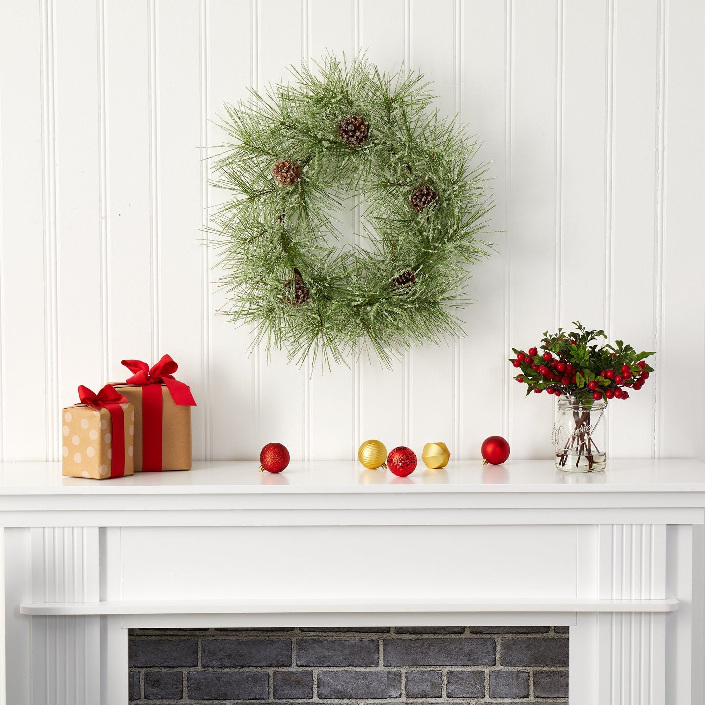 24” Iced Pine Artificial Wreath with Pine Cones - Tampa Home & Garden Store