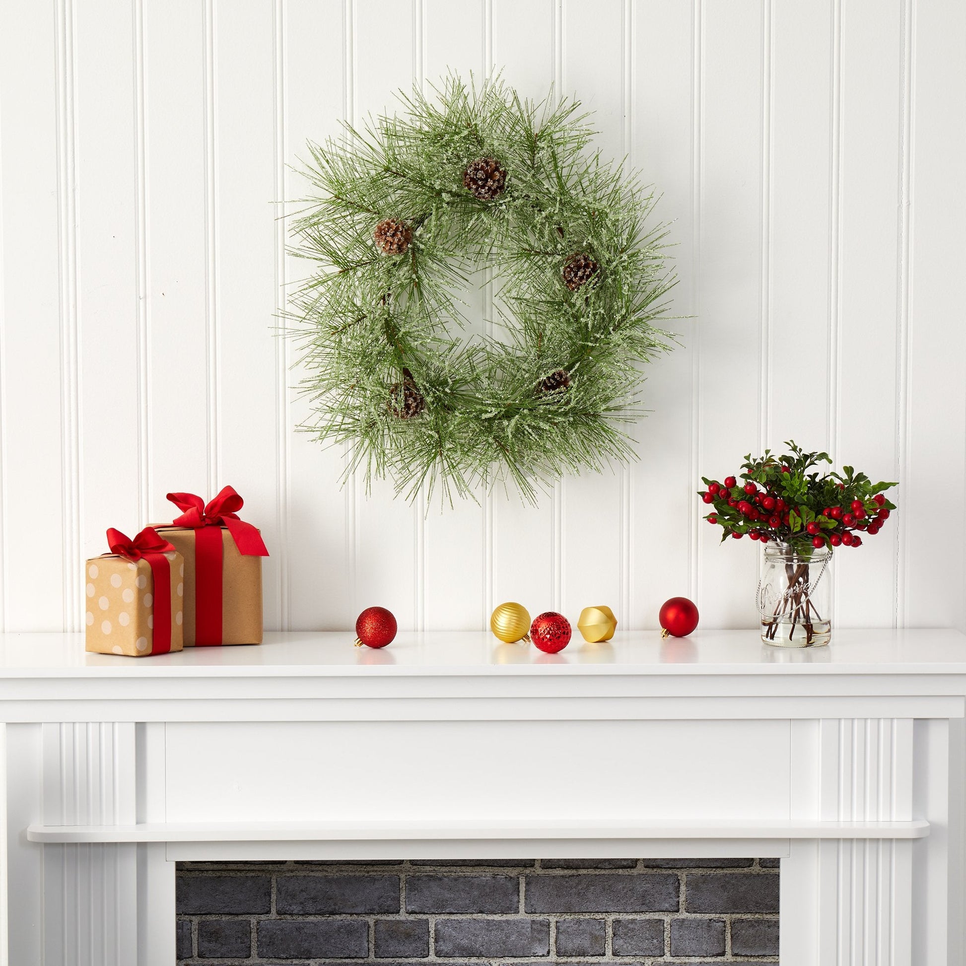 24” Iced Pine Artificial Wreath with Pine Cones - Tampa Home & Garden Store