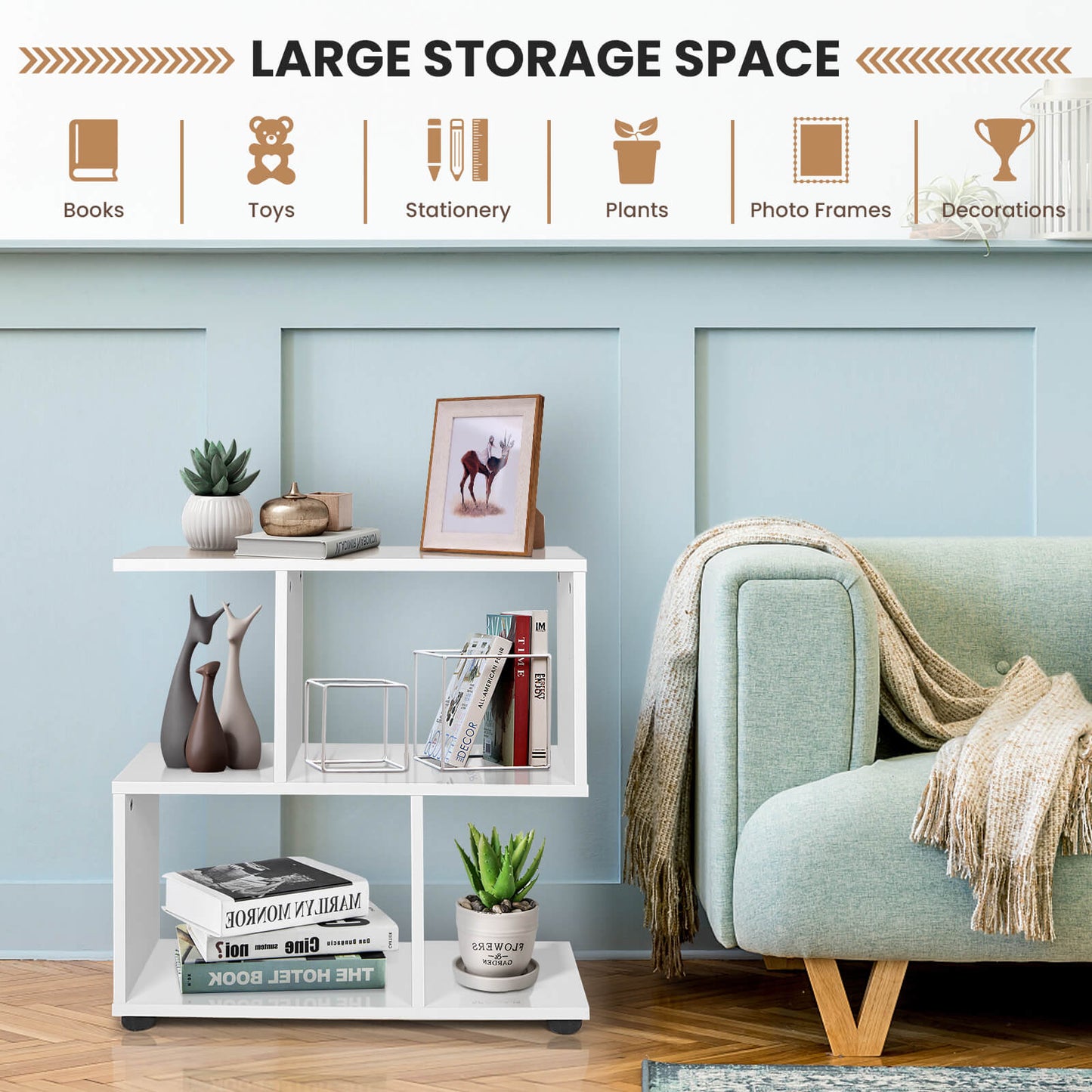 24 Inch 3-Tier Geometric Bookshelf with Thick Foot Pads