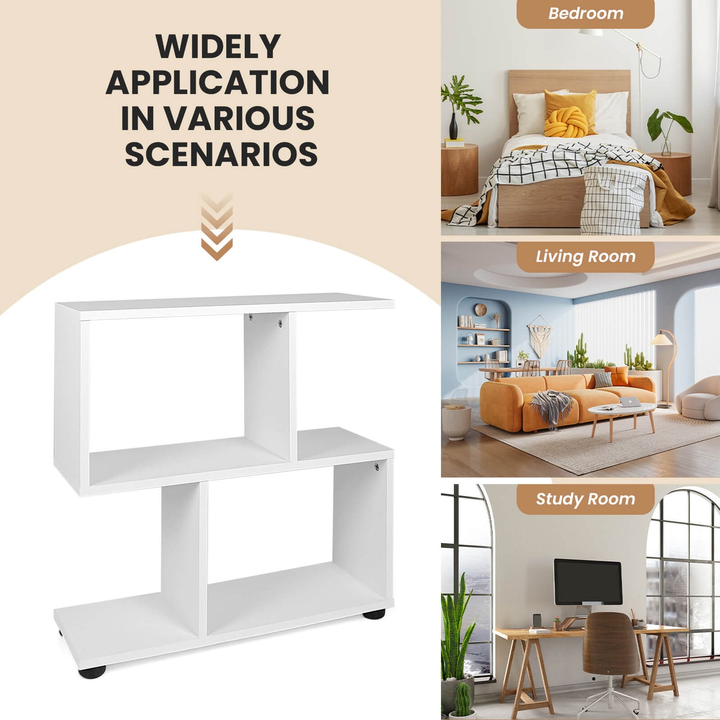 24 Inch 3-Tier Geometric Bookshelf with Thick Foot Pads