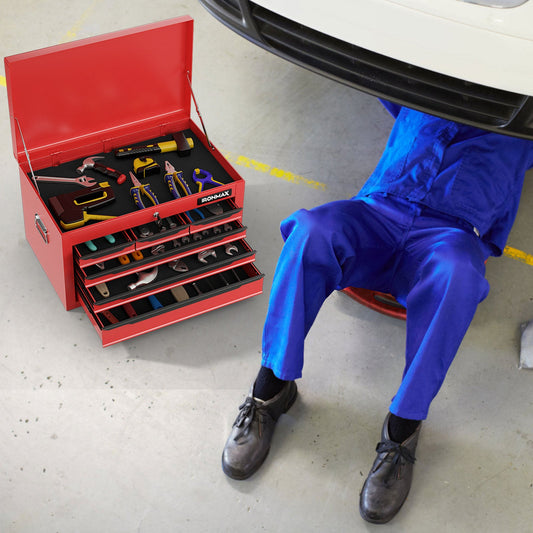 Caja de herramientas de 24 pulgadas con 6 cajones y almacenamiento superior para taller de reparación y almacén - Rojo