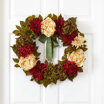 24” Peony, Dahlia and Hydrangea Artificial Wreath - Tampa Home & Garden Store