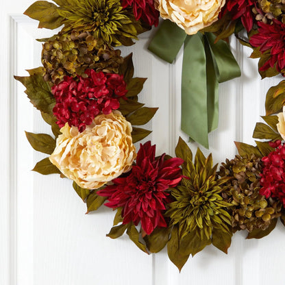 24” Peony, Dahlia and Hydrangea Artificial Wreath - Tampa Home & Garden Store